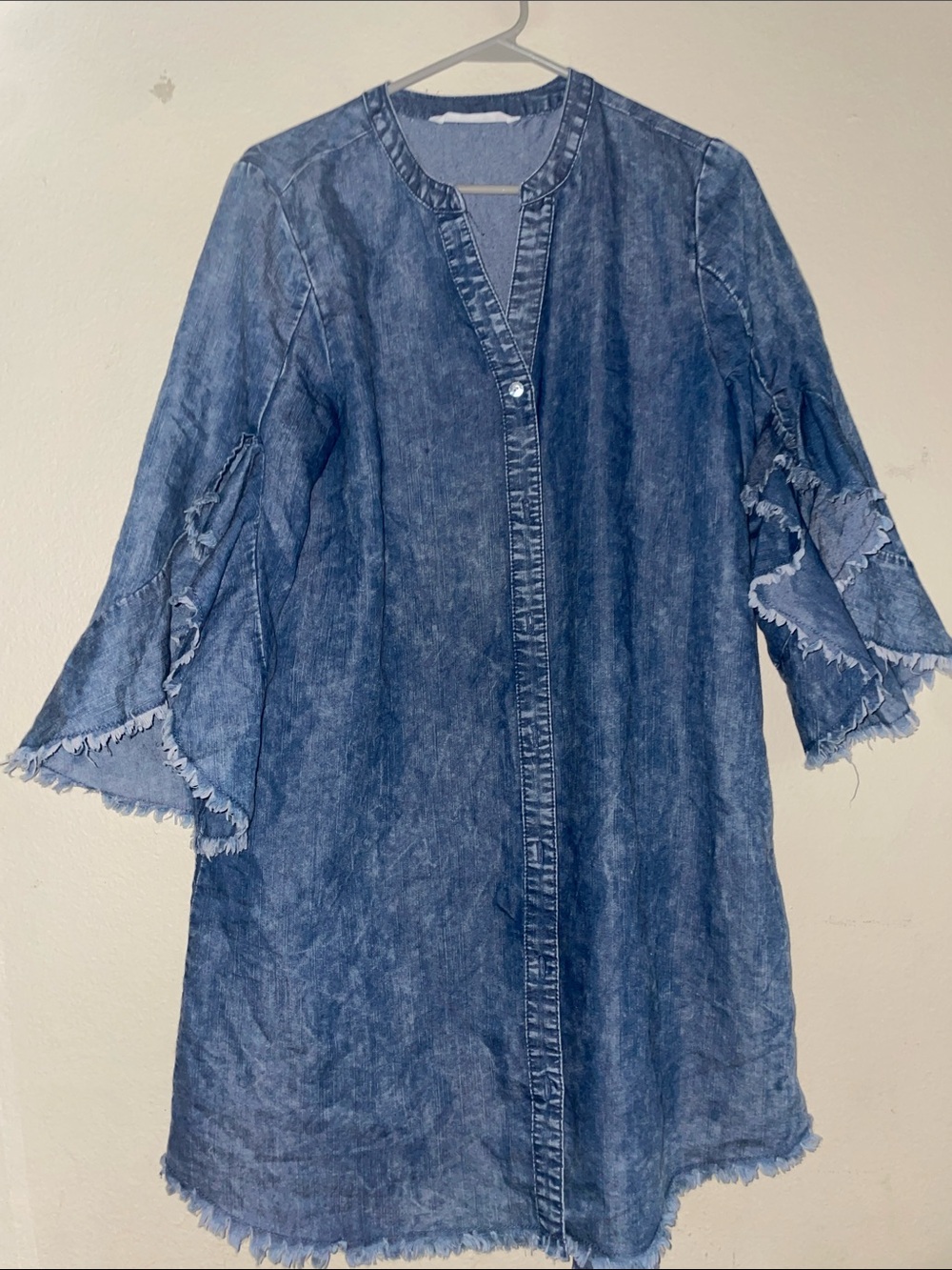 Given Kale Mineral Wash Denim Tunic Dress with Frayed Bell Sleeves Size S